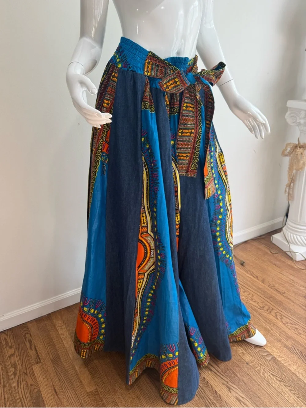 NWT Vintage Patchwork Full Length Denim Circle Hippie Festival Artsy Skirt Gypsy